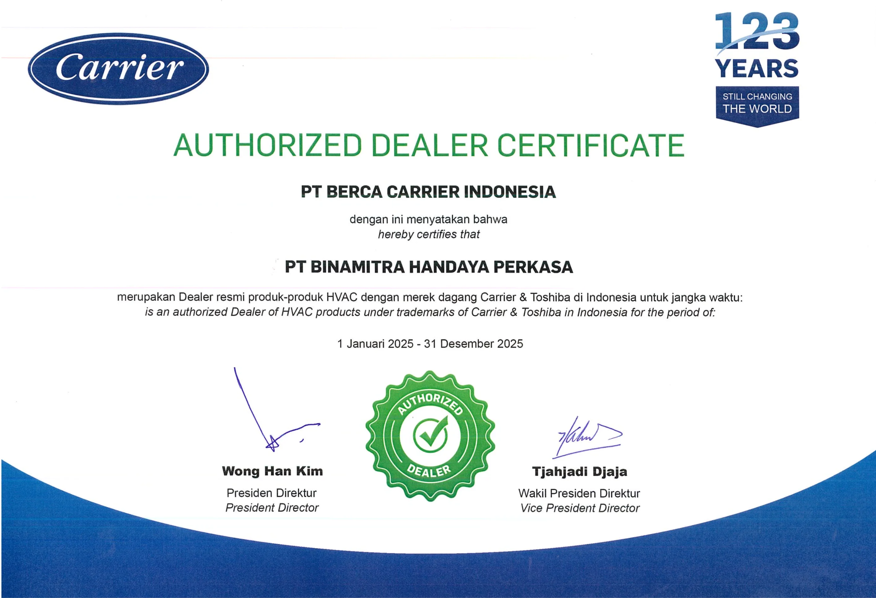 Carrier Authorized Dealer Certificate — PT. Binamitra Handaya Perkasa