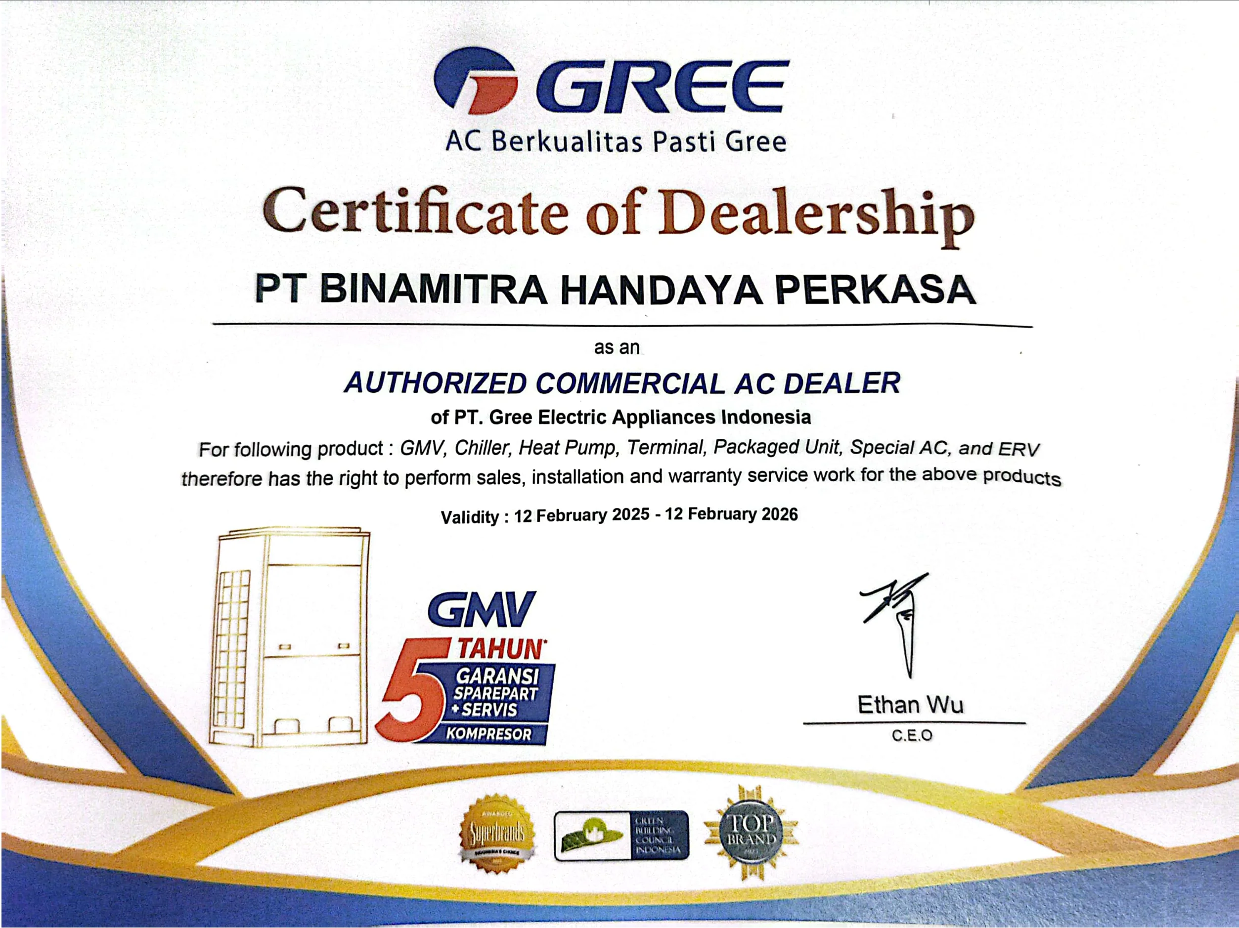 Gree Authorized Dealer Certificate — PT. Binamitra Handaya Perkasa